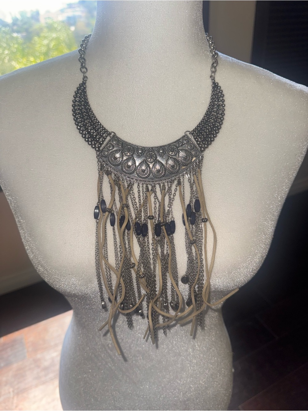 Boho Silver Statement Fringe Necklace with Blue Accents beige choker - Picture 3 of 6